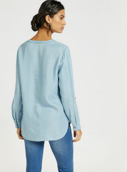 Solid Shirt with Long Sleeves and Pocket Detail