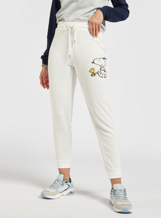 Snoopy Print Mid-Rise Jog Pants with Drawstring Closure