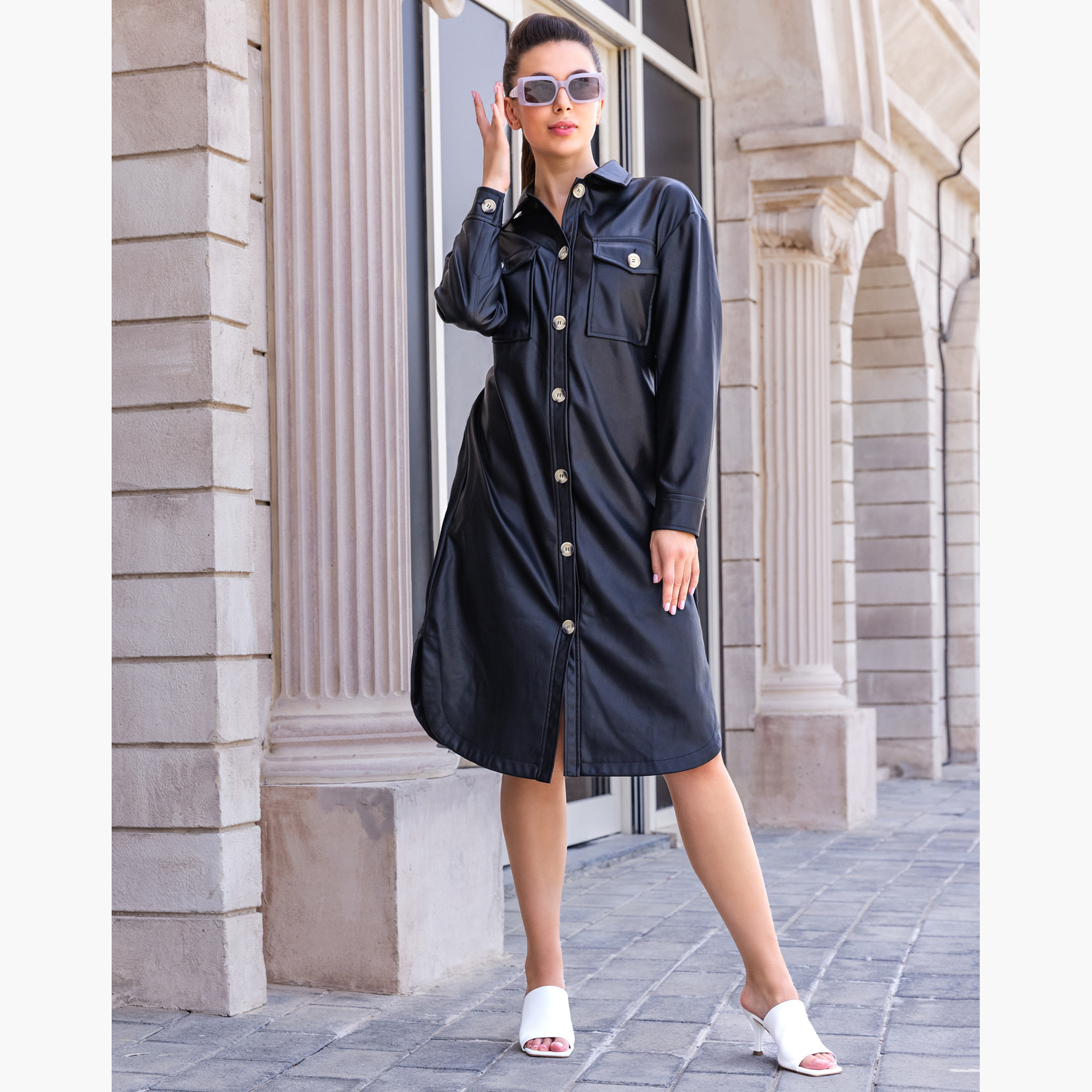 Solid Shirt Dress with Belt and Long Sleeves