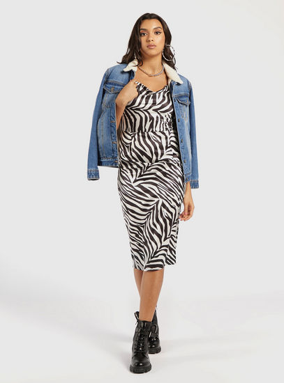 Zebra Print Midi Bodycon Dress with Cowl Neck and Side Slit-Midi-image-1