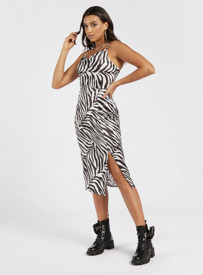 Zebra Print Midi Bodycon Dress with Cowl Neck and Side Slit-Midi-image-0