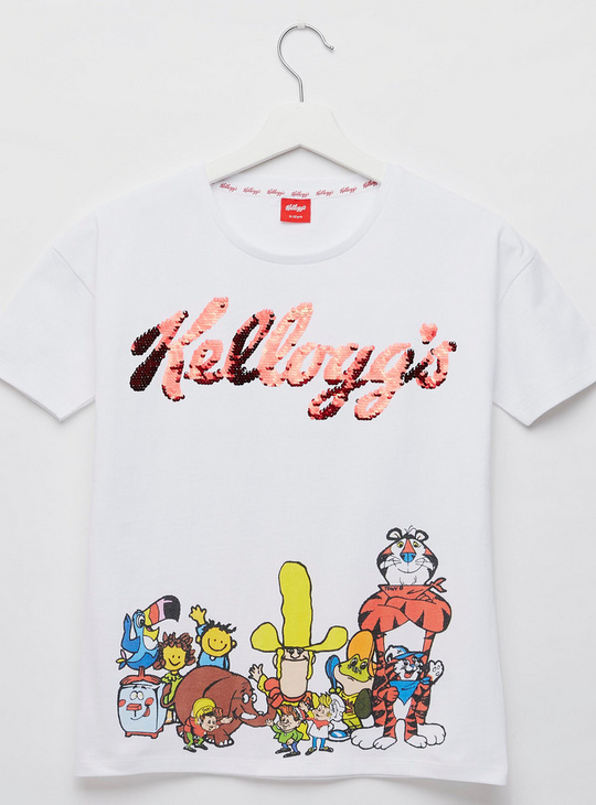 Kelllogg's Sequin Embellished Cartoon Print T-shirt with Short Sleeves