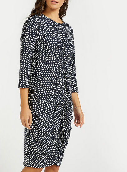 All-Over Floral Print Shift Ruched Dress with 3/4 Sleeves