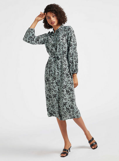 Floral Print Midi Shirt Dress with Long Sleeves and Button Up Closure