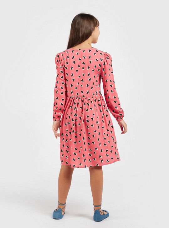 Heart Print Knee-Length Dress with Long Sleeves