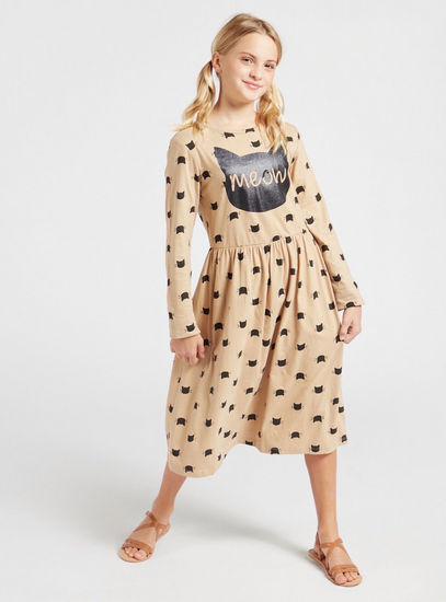 Cat Print Round Neck Midi Dress with Long Sleeves