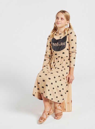 Cat Print Round Neck Midi Dress with Long Sleeves