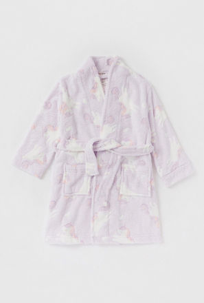 Unicorn Print V-neck Full Length Robe with Long Sleeves and Tie-Up Belt