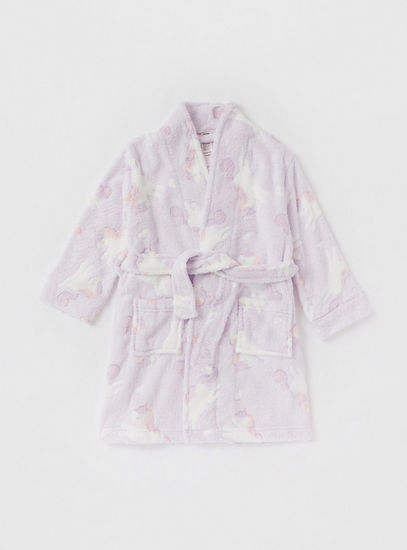 Unicorn Print V-neck Full Length Robe with Long Sleeves and Tie-Up Belt