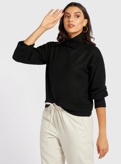 Textured Sweater with Turtle Neck and Long Sleeves-Sweaters & Cardigans-image-0