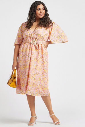 Floral Print Wrap A-line Midi Dress with Short Bell Sleeves