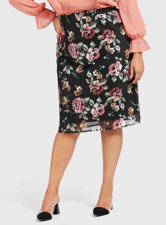 All-Over Floral Print Skirt with Mesh Detail and Elasticised Waistband