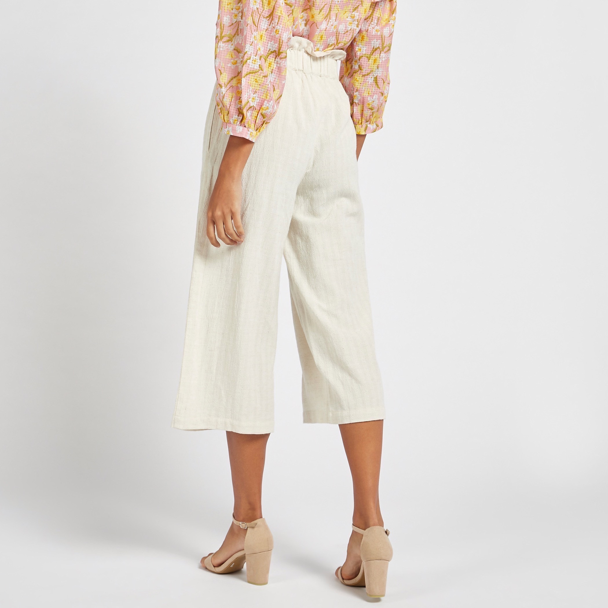Shop Dobby Striped Regular Fit Culottes with Paper Bag Waist