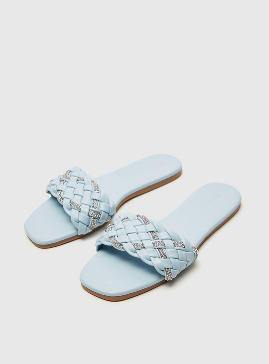 Weave Slip-On Sandals with Embellished Detail