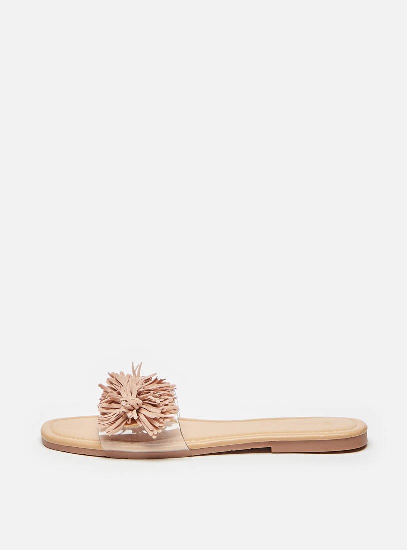 Pom-Pom Embellished Slip-On Flat Sandals-Sandals-image-0