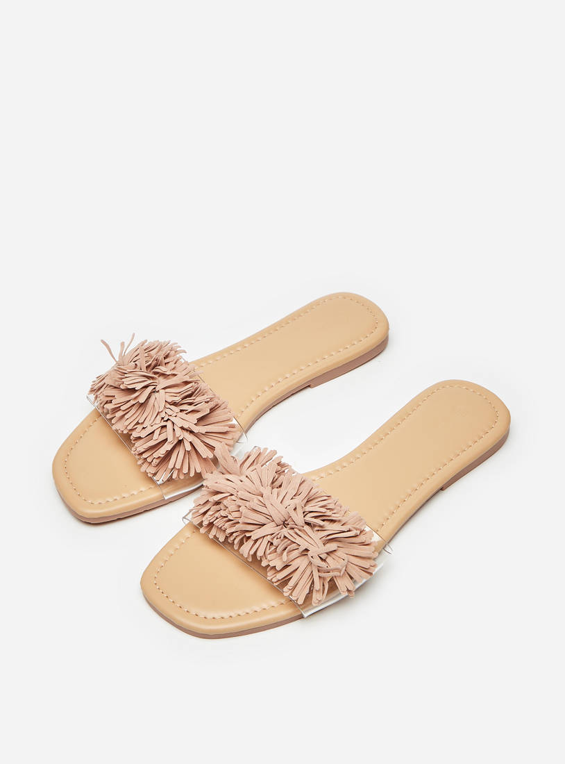 Pom-Pom Embellished Slip-On Flat Sandals-Sandals-image-1
