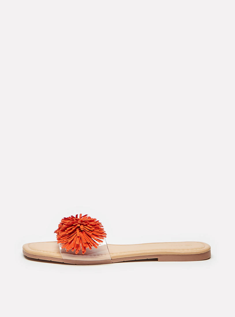 Pom-Pom Embellished Slip-On Flat Sandals-Sandals-image-0