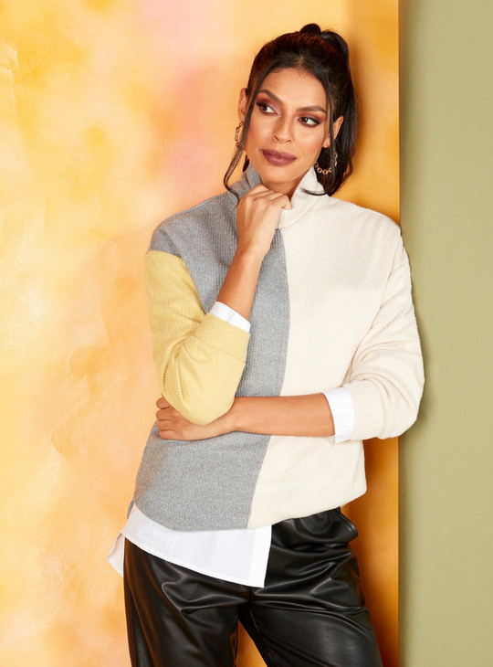 Colourblock Ribbed Sweater with High Neck and Long Sleeves