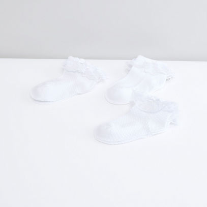 Set of 3 - Solid Ankle Socks with Lace Detail