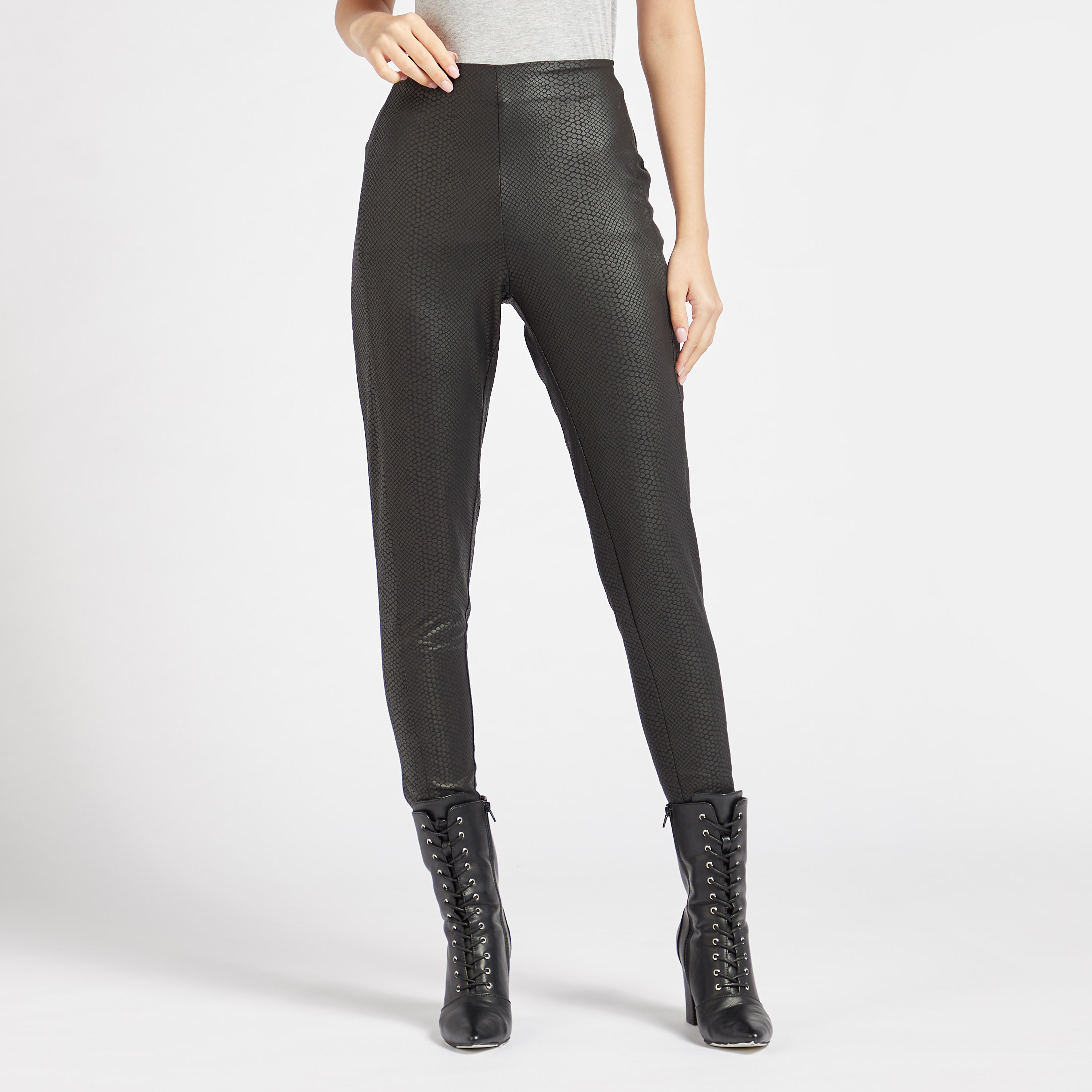 Shop Textured High Rise Treggings with Elasticised Waistband Online Max Bahrain