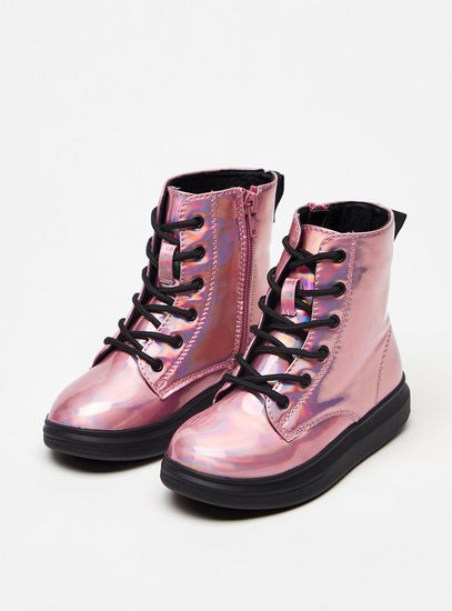 Solid High Top Boots with Lace-Up Closure-Boots-image-1