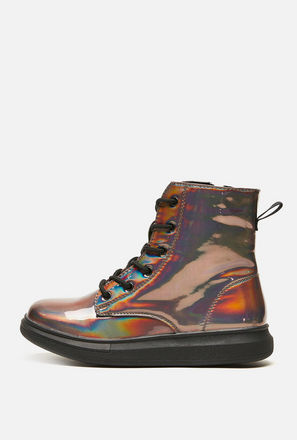 Iridescent Boots with Zip Closure and Lace Detail