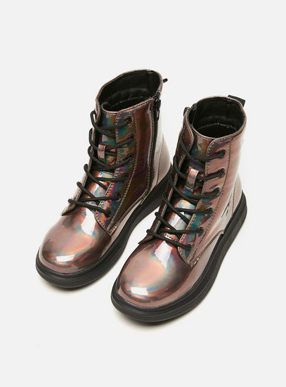 Iridescent Boots with Zip Closure and Lace Detail