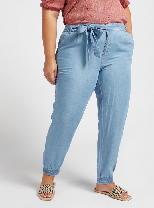 Skinny Fit Solid High-Rise Denim Pants with Tie-Ups and Pocket Detail