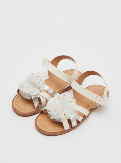 Solid Sandals with Hook and Loop Closure and Flower Applique Detail
