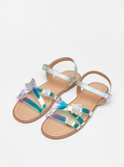 Iridescent Butterfly Applique Cross-Strap Sandals with Hook and Loop Closure-Sandals-image-1