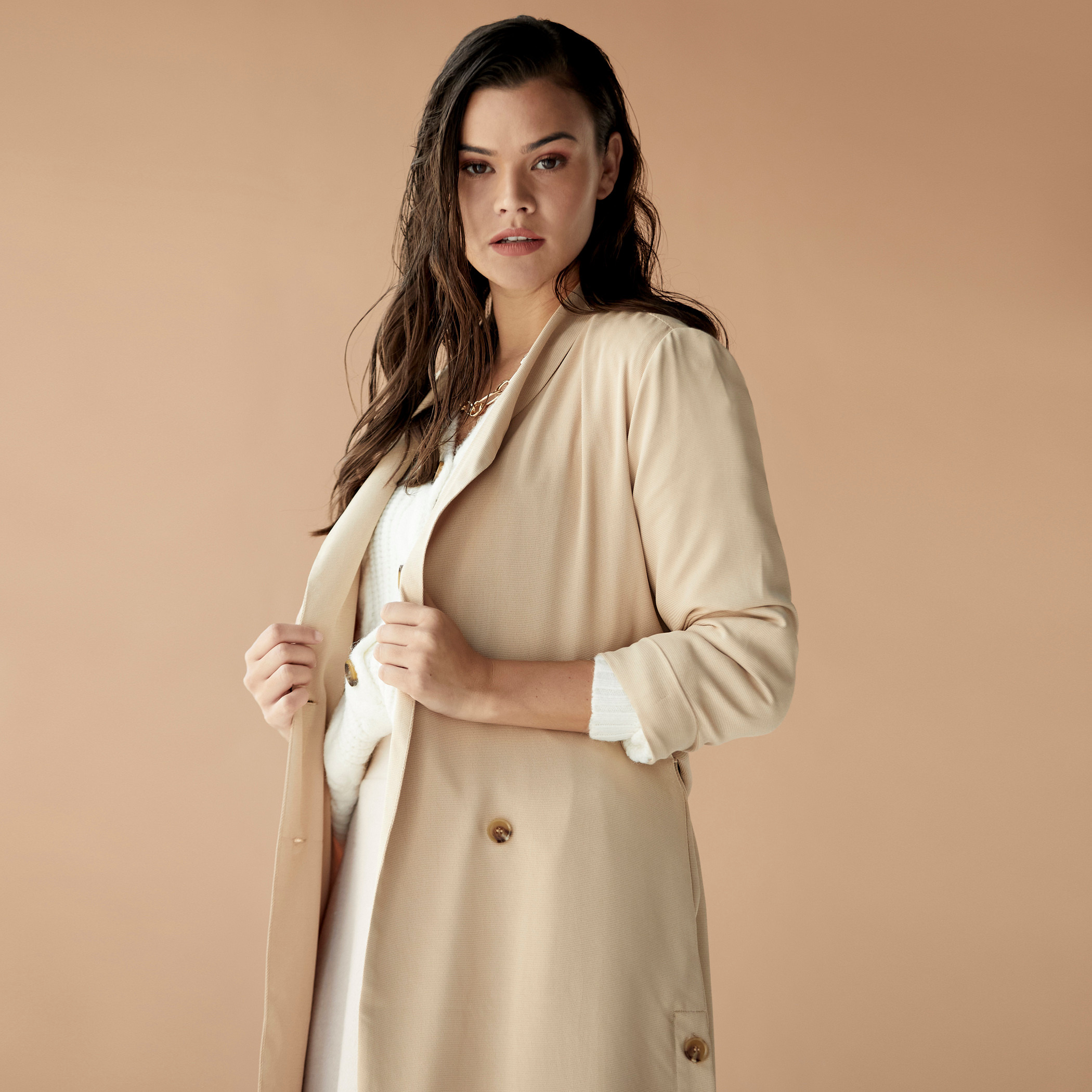 Shop Solid Trench Coat with Long Sleeves and Button Detail Online