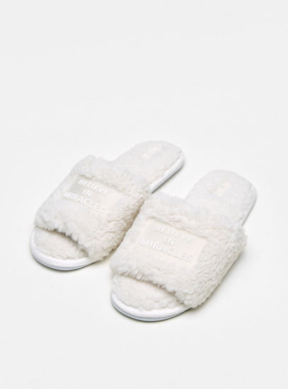 Textured Slide Slippers with Applique Detail