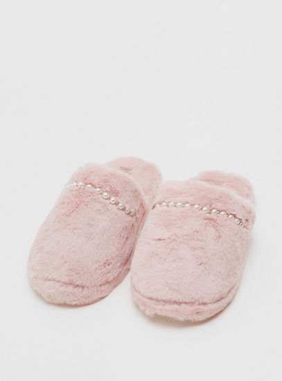 Textured Slip-On Slide Slippers with Pearl Accent
