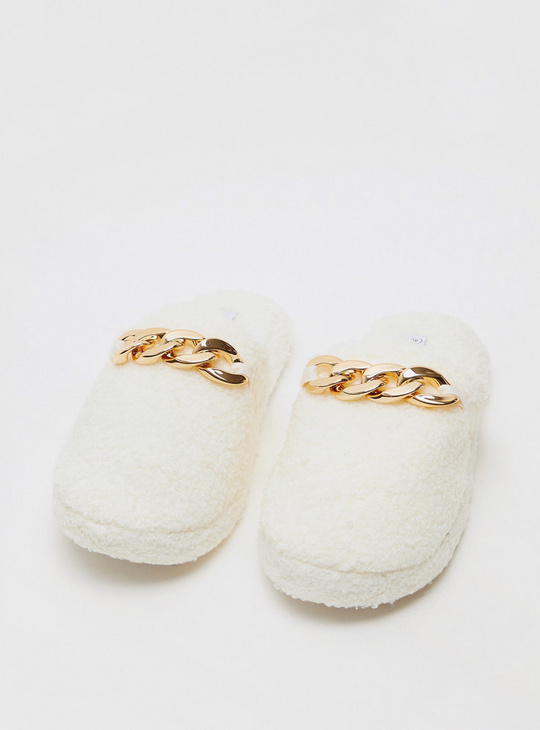 Textured Slip-On Bedroom Slippers with Chain Detailing