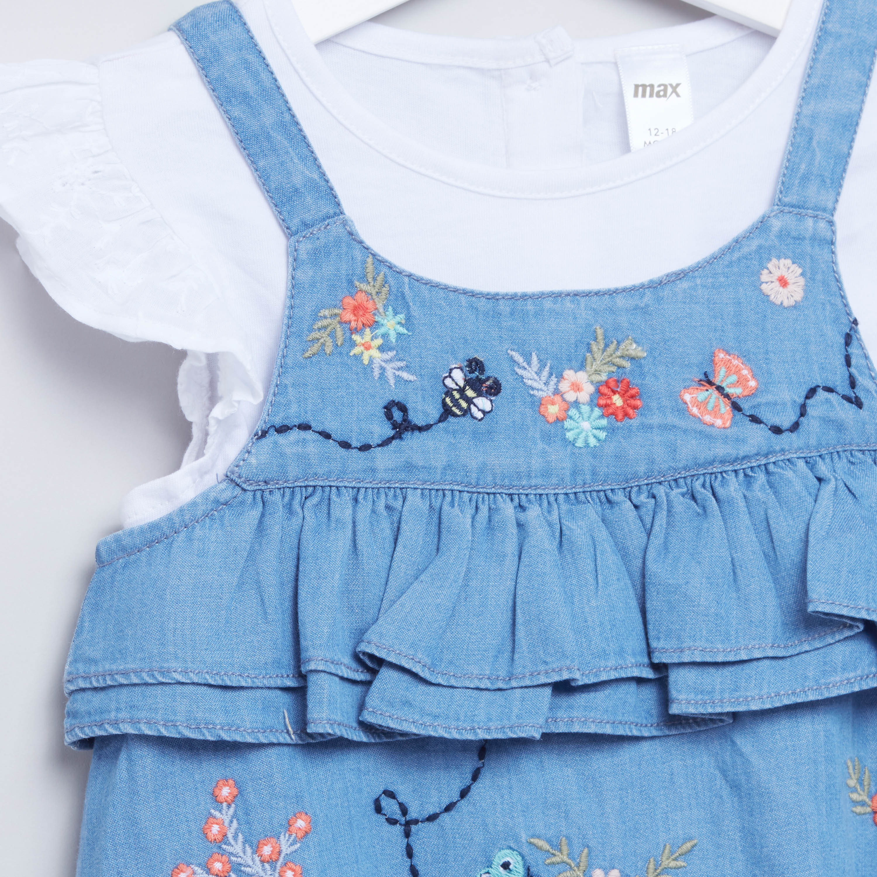 Shop Embroidered Denim Dungaree Dress with Cap Sleeves T Shirt Online Max UAE