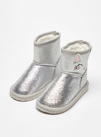 Glitter Textured Slip-On Boots with Cat Applique Detail