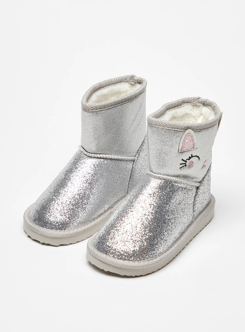 Glitter Textured Slip-On Boots with Cat Applique Detail-Boots-image-0