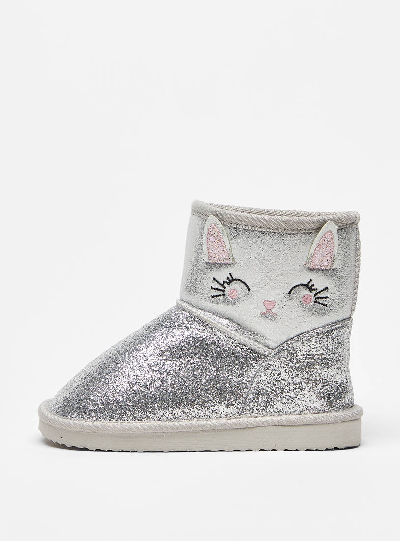 Glitter Textured Slip-On Boots with Cat Applique Detail-Boots-image-1