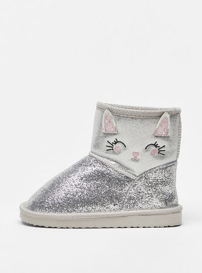 Glittery Slip-On Boots with Embroidery Detail