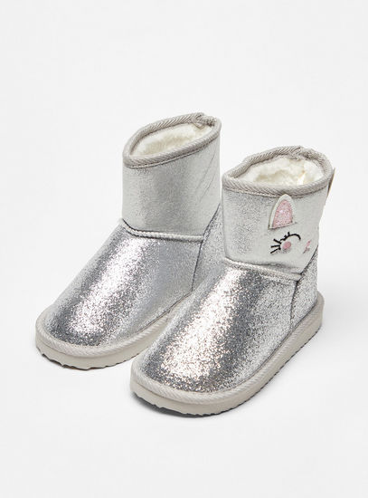 Glittery Slip-On Boots with Embroidery Detail