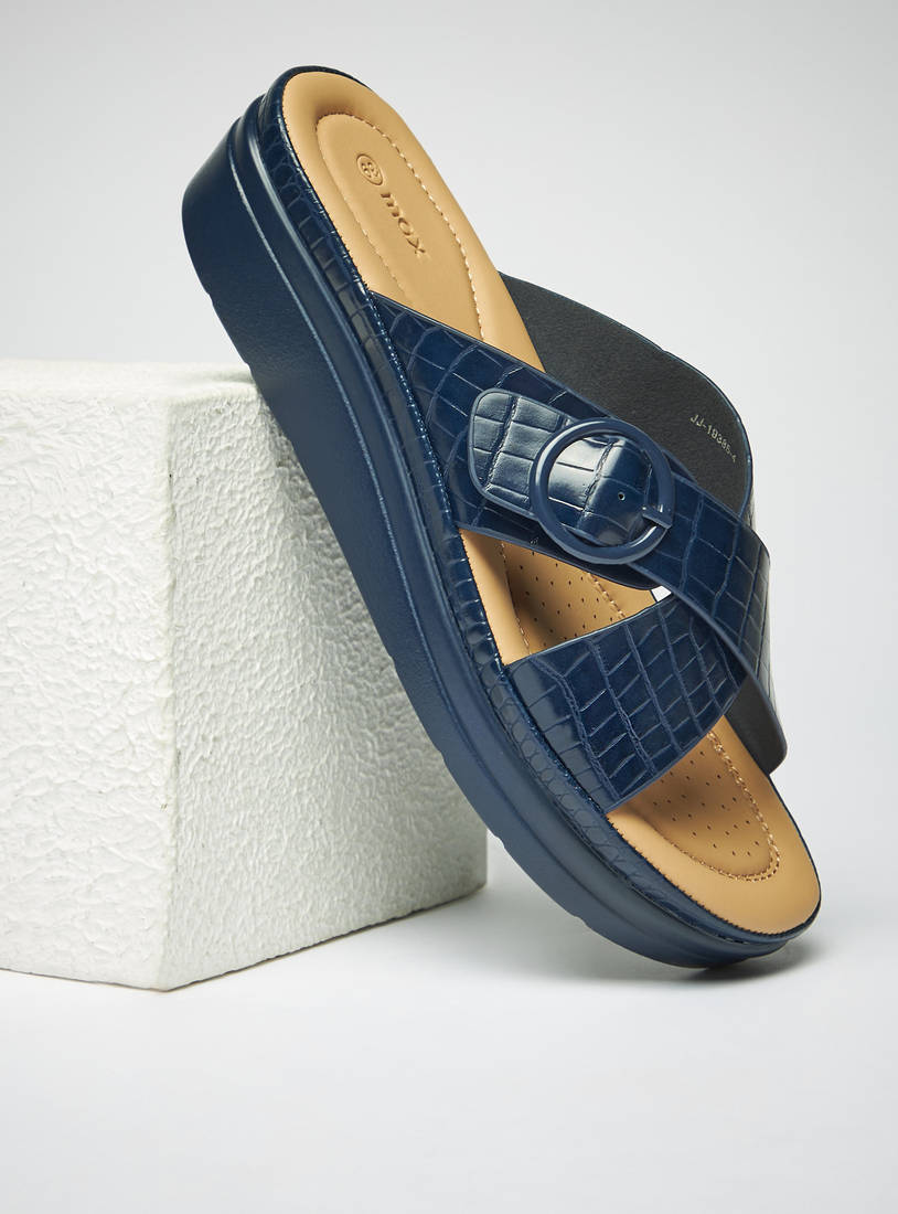 Animal Textured Slip-On Cross Strap Sandals with Buckle Detail-Sandals-image-0