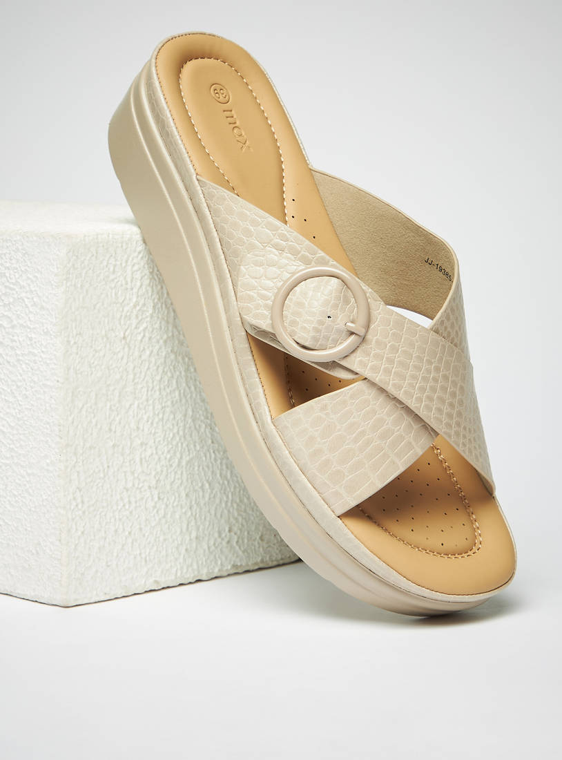 Animal Textured Slip-On Cross Strap Sandals with Buckle Detail-Sandals-image-0