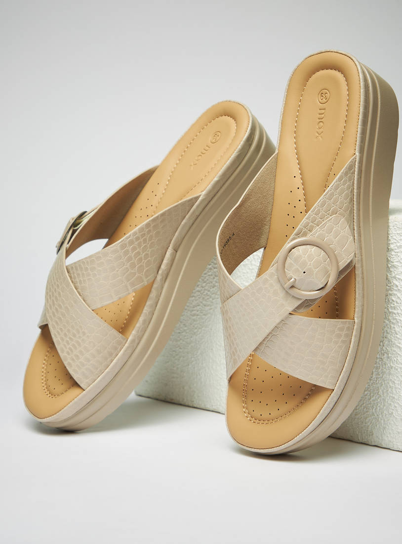 Animal Textured Slip-On Cross Strap Sandals with Buckle Detail-Sandals-image-1