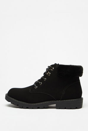 Solid Ankle Boots with Plush Detail and Zip Closure