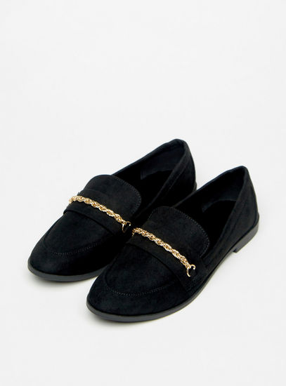 Solid Slip-On Loafers with Chain Accent Detail