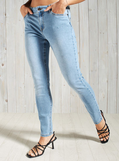 Solid Mid-Rise Full Length Denim Jeans with Button Closure-Skinny-image-0