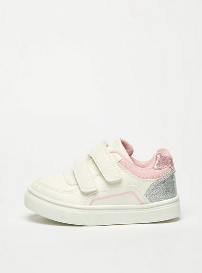 Solid Sneakers with Hook and Loop Closure and Glitter Detail