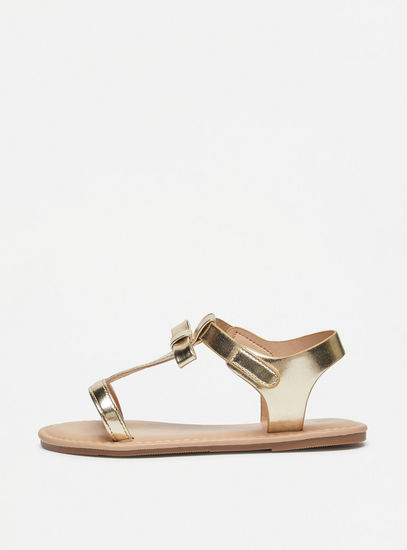 Metallic Bow Applique T-strap Sandals with Hook and Loop Closure-Sandals-image-0
