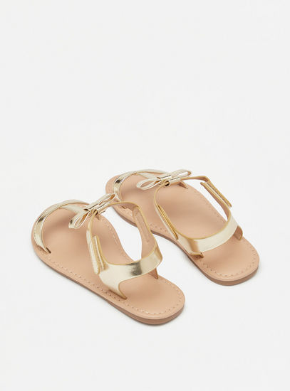Metallic Bow Applique T-strap Sandals with Hook and Loop Closure-Sandals-image-1