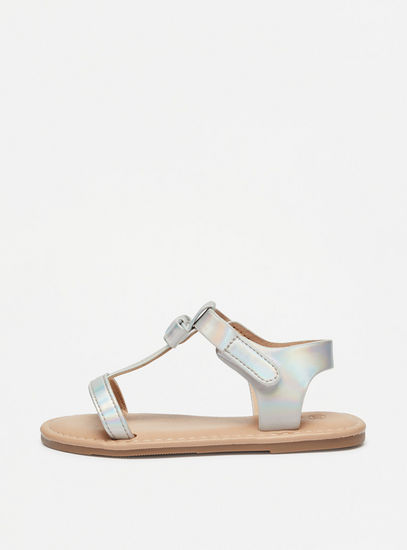 Iridescent Bow Applique T-strap Sandals with Hook and Loop Closure-Sandals-image-0